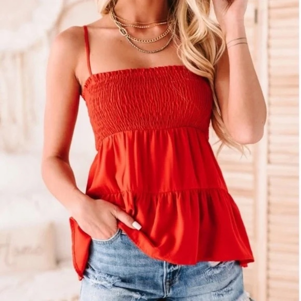 Paper Crane Red Smocked Tiered Camisole